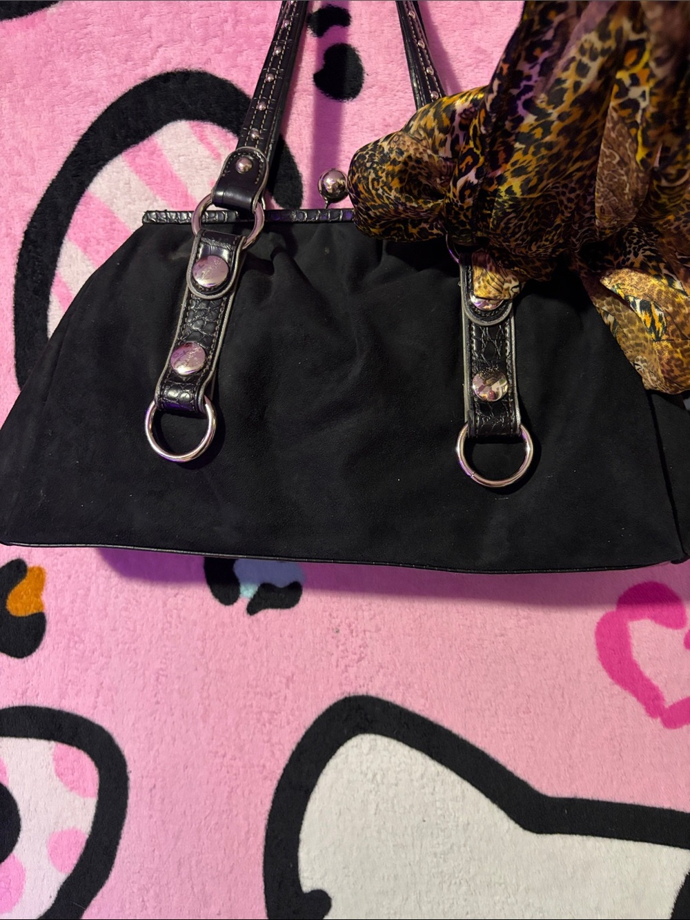 Kathy Van Zeeland Black Shoulder Bag with Leopard-Print Bow Accent - Picture 3 of 9